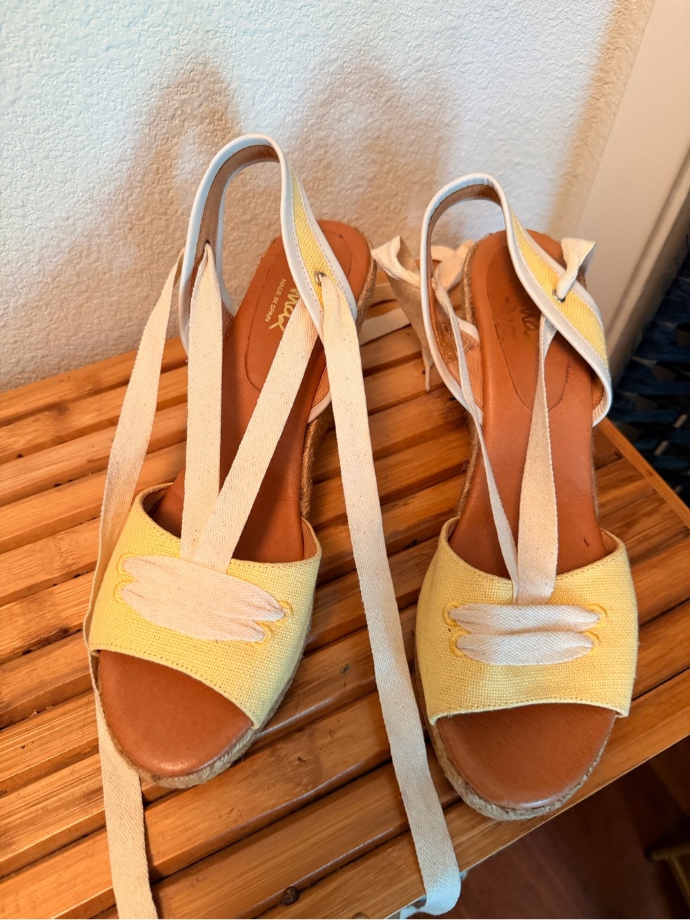 Yellow and white wedge sandals